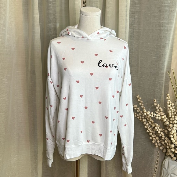 Marled Sz M Soft Cotton Hoodie Lounge sweater Cream with Hearts Love - Picture 1 of 9